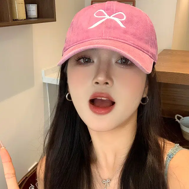 浪莎 时尚复古水洗做旧蝴蝶结刺绣大檐素颜遮脸防晒遮阳学生百搭大头围显脸小 聚酯纤维 鸭舌帽 男女同款情侣款