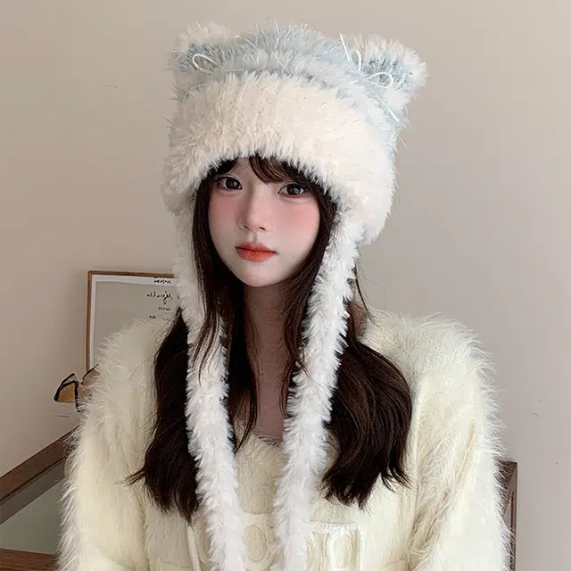 浪莎 纯欲风毛绒可爱蝴蝶结猫耳朵针织帽女生秋冬保暖加厚包头帽防风护耳针织帽 涤纶 绒线帽 女款