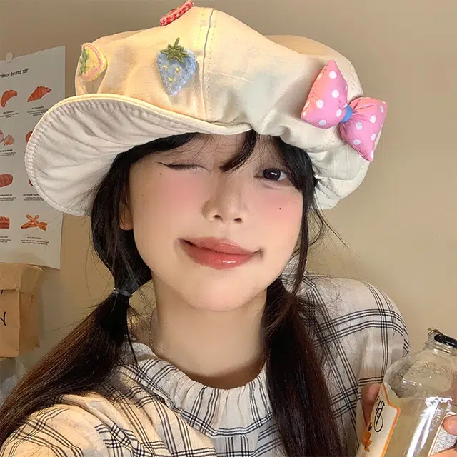 浪莎 甜妹草莓蝴蝶结大头围云朵显脸小 棉 贝雷帽 女款