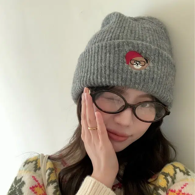 浪莎 日系卡通小熊刺绣简约轻奢感时尚出街百搭大头围堆堆显脸小 聚酯纤维 绒线帽 男女同款情侣款