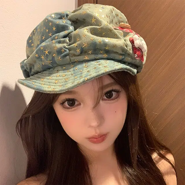 浪莎 日系甜妹爱心出行防晒遮阳百搭大头围显脸小薄款透气 牛仔布 贝雷帽 女款