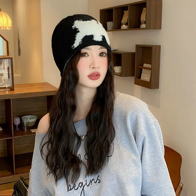 浪莎 秋冬新款像素惊吓小猫图案针织帽保暖可爱圆顶豆豆帽学生 腈纶 绒线帽 男女同款情侣款