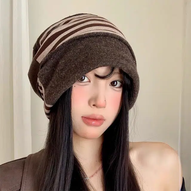 浪莎 冷帽高级感条纹拼色保暖针织帽小众设计显脸小堆堆帽 棉  绒线帽 男女同款情侣款