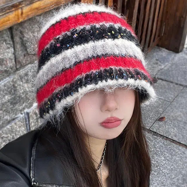 浪莎 氛围感条纹盆帽冬季保暖针织毛绒学生百搭毛线水桶帽 腈纶 绒线帽 女款
