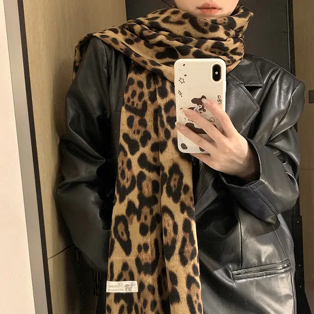 浪莎 甜酷风复古豹纹流苏绒线围巾男女情侣款千禧辣妹风秋冬加厚保暖披肩围脖 礼盒装 绒线围巾 男女同款情侣款