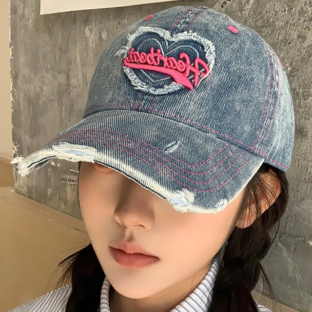浪莎 春夏季爱心水洗做旧牛仔刺绣棒球帽户外出行甜酷辣妹防晒遮阳时尚潮流百搭大头围显脸小 棉 鸭舌帽 男女同款情侣款