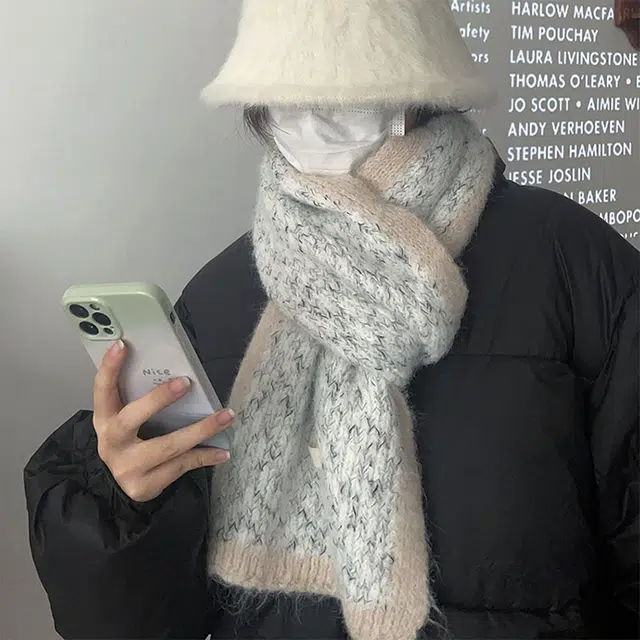 浪莎 氛围感混线边框绒线围巾男女生秋冬季高级感百搭撞色保暖学生情侣围脖披肩 礼盒装 绒线围巾 男女同款情侣款