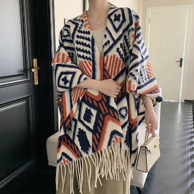浪莎 温馨橙色插色双面旅行外搭高级感保暖流苏 聚酯纤维 披肩 女款