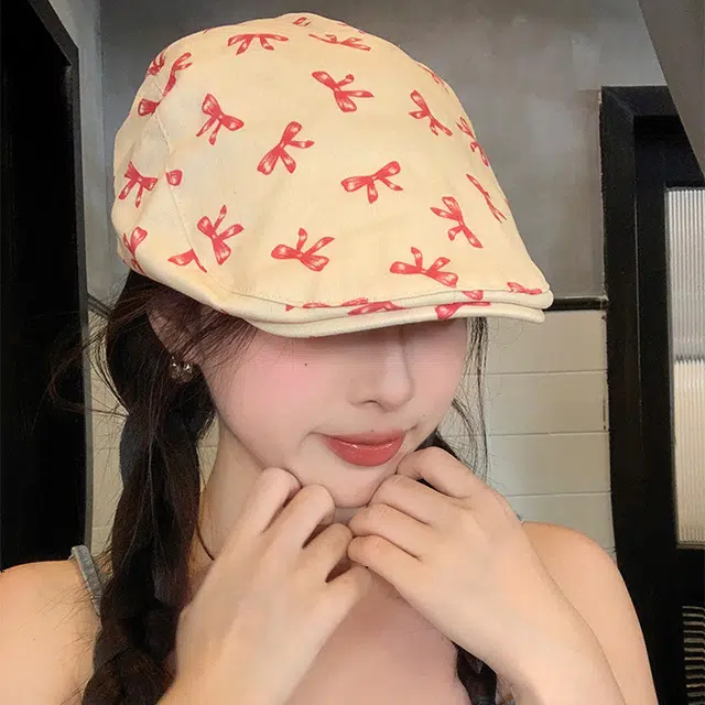 浪莎 甜酷蝴蝶结前进帽子 夏季 显脸小鸭舌帽出游拍照可爱遮阳帽 棉 贝雷帽 女款