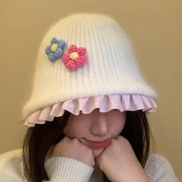 浪莎 温柔甜美花朵保暖百搭格子花边 獭兔毛 绒线帽 女款