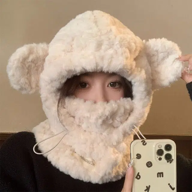 浪莎 可爱毛绒小熊护耳绒线帽女生冬季加厚加绒滑雪防寒口罩骑车通勤保暖雷锋帽 涤纶 绒线帽 男女同款情侣款