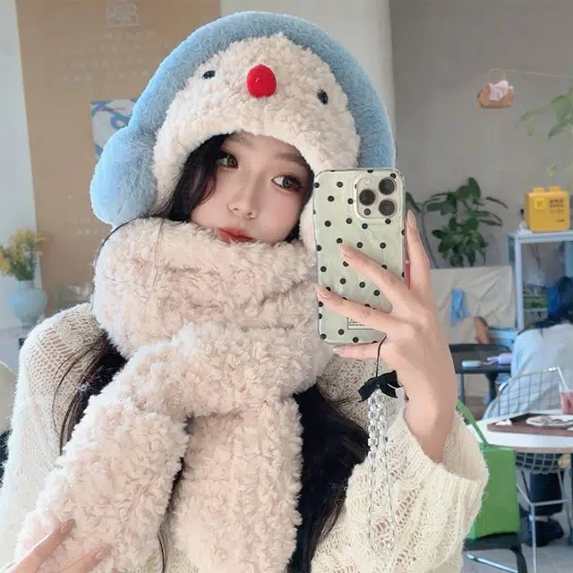 【暖冬力荐】 浪莎 可爱红鼻子小雪人羊羔绒帽子女生学生冬季围巾手套加厚保暖三件套绒线帽 涤纶 绒线帽 女款