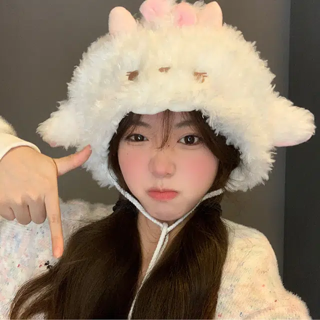 浪莎 超可爱小羊耳朵帽子女生秋冬甜美纯欲风毛绒帽显脸小保暖毛茸茸护耳帽 涤纶 绒线帽 男女同款情侣款