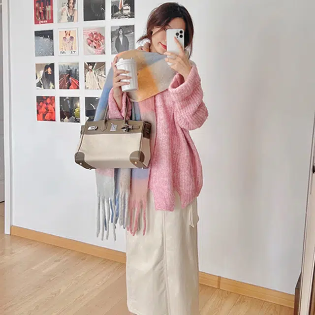 浪莎 软糯粉白 显白出片有氛围 加厚马海毛格子 礼盒装 聚酯纤维 绒线围巾 男女同款情侣款