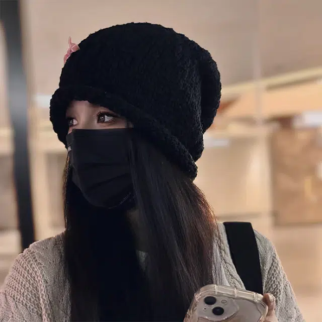 浪莎 蝴蝶结毛线冷帽保暖大头围显脸小针织堆堆帽 涤纶 绒线帽 女款