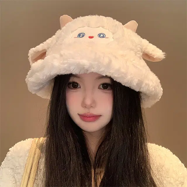 浪莎 超可爱小绵羊毛绒秋冬季百搭显脸小保暖护耳 涤纶 渔夫帽 女款 白色