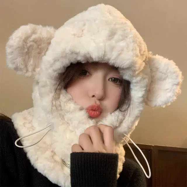 浪莎 可爱毛绒小熊护耳绒线帽女生冬季加厚加绒滑雪防寒口罩骑车通勤保暖雷锋帽 涤纶 绒线帽 男女同款情侣款