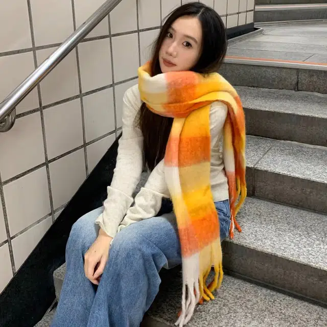 浪莎 日落甜橘韩系氛围感 保暖百搭 礼盒装 聚酯纤维 绒线围巾 男女同款情侣款
