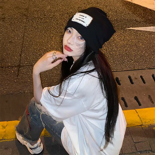 浪莎 早秋薄款牛奶丝针织帽子 大头围套头包头冷帽潮酷街拍单品贴布堆堆帽空调帽 棉 绒线帽 男女同款情侣款