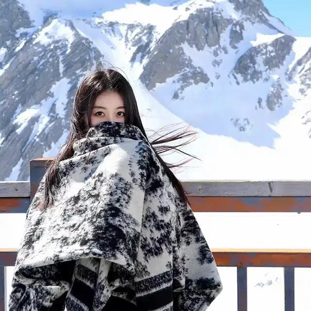 浪莎 复古名族风水墨画双面宽松流苏百搭保暖上衣外搭 聚酯纤维 披肩 女款