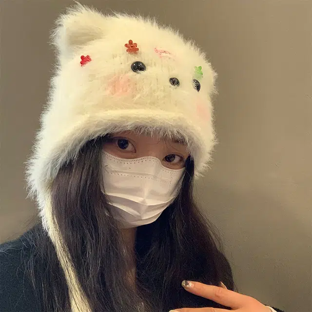 浪莎 可爱腮红小熊毛绒帽子女生冬季卡通可爱小夹子手工编织骑行保暖护耳绒线帽 涤纶 绒线帽 女款