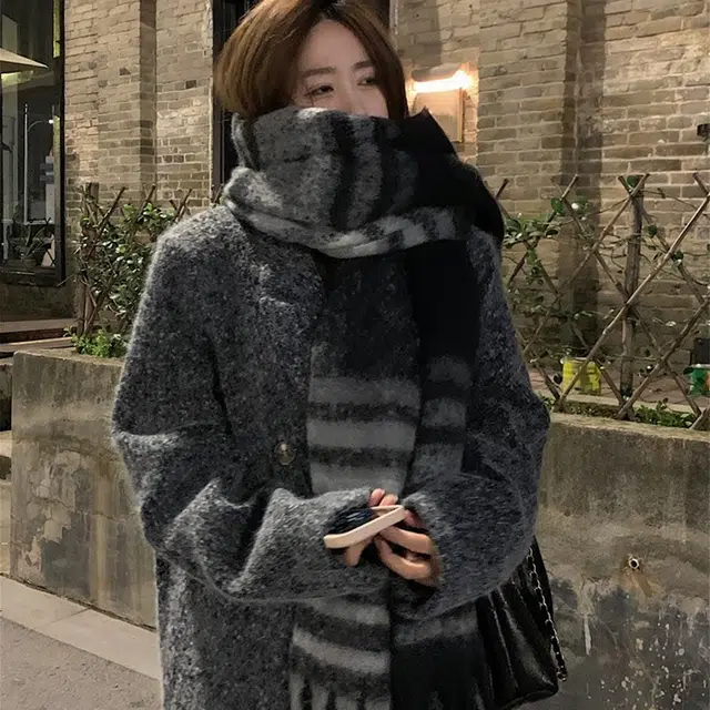 浪莎 高级感马海毛加厚长款冬季 保暖 学院风柔软亲肤流苏披肩 礼盒装 涤纶 绒线围巾 通用