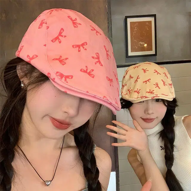 浪莎 甜酷蝴蝶结前进帽子 夏季 显脸小鸭舌帽出游拍照可爱遮阳帽 棉 贝雷帽 女款