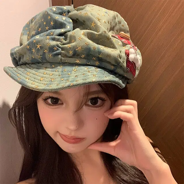 浪莎 日系甜妹爱心出行防晒遮阳百搭大头围显脸小薄款透气 牛仔布 贝雷帽 女款