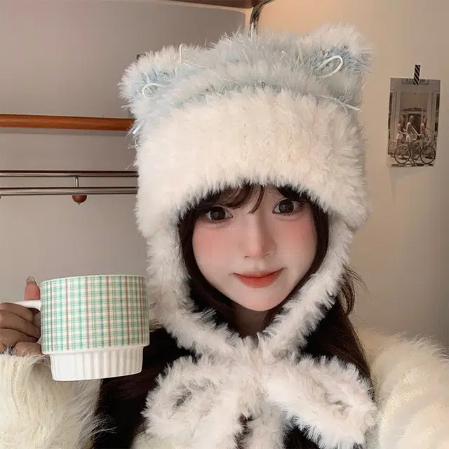 浪莎 纯欲风毛绒可爱蝴蝶结猫耳朵针织帽女生秋冬保暖加厚包头帽防风护耳针织帽 涤纶 绒线帽 女款