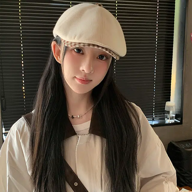 浪莎 韩版复古英伦风格纹帽檐前进帽休闲百搭时尚潮流可反戴画家帽 棉 贝雷帽 女款