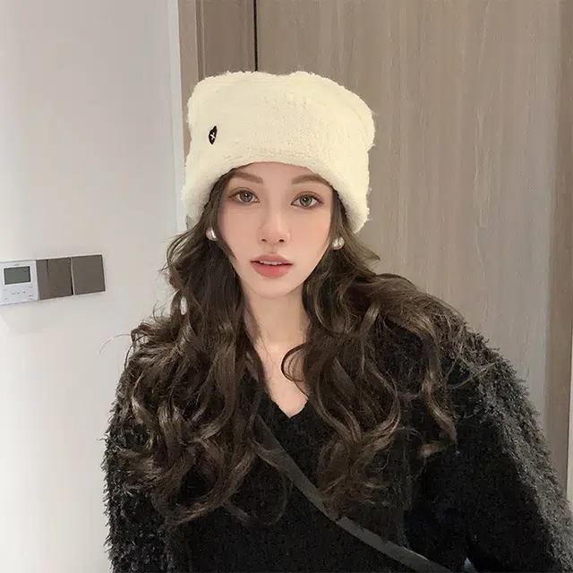 浪莎 冬季针织帽子女生可爱猫耳朵爱心刺绣毛线帽大头围显脸小保暖护耳帽 涤纶 绒线帽 女款