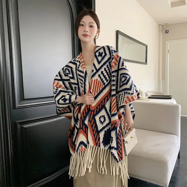 浪莎 温馨橙色插色双面旅行外搭高级感保暖流苏 聚酯纤维 披肩 女款