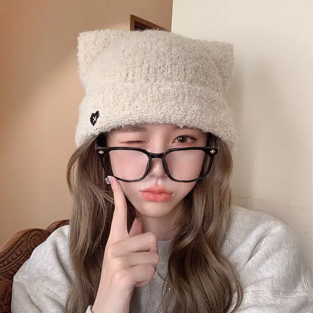 浪莎 冬季针织帽子女生可爱猫耳朵爱心刺绣毛线帽大头围显脸小保暖护耳帽 涤纶 绒线帽 女款
