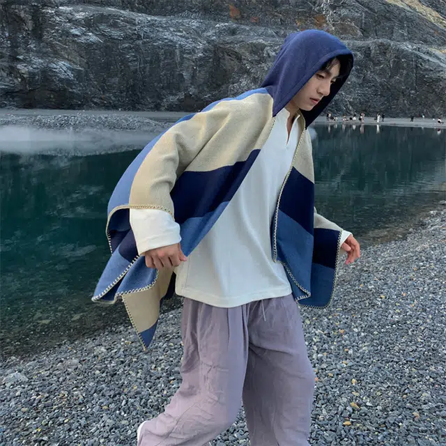 浪莎 拼色条纹连帽斗篷披肩民族风旅游外搭保暖高级感围巾 男女同款情侣款 礼盒装 披肩 男女同款情侣款