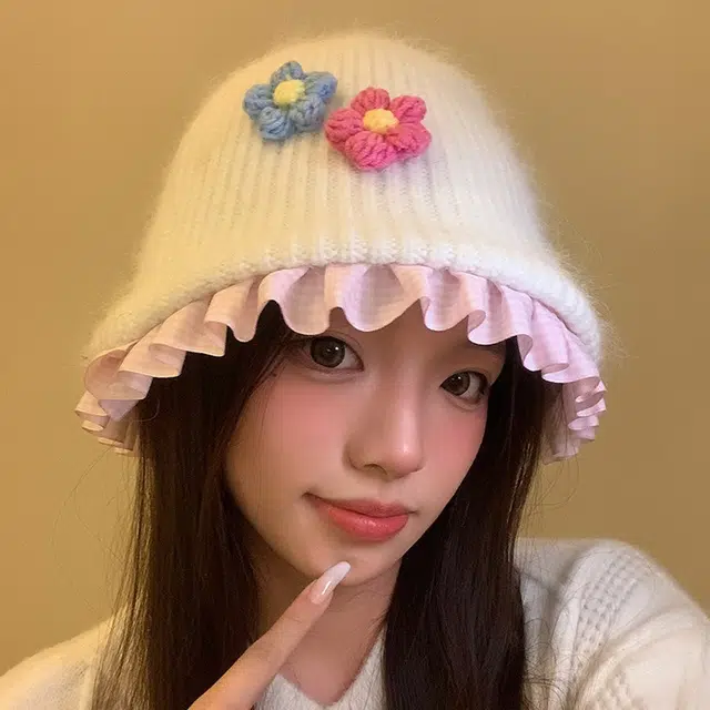 浪莎 温柔甜美花朵保暖百搭格子花边 獭兔毛 绒线帽 女款