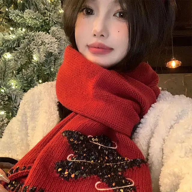 【圣诞氛围】 浪莎 圣诞星星红色针织围巾女生秋冬季保暖高级感防寒护颈围脖新年必备 礼盒装 绒线围巾 女款