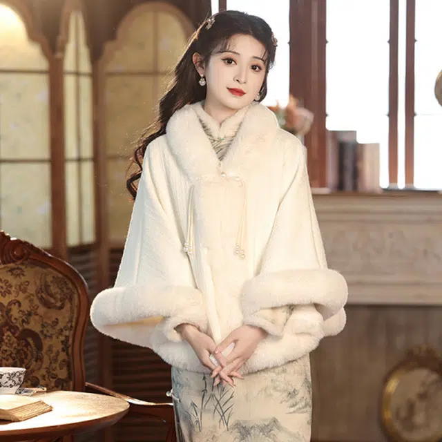 浪莎 温柔绝美仙女加厚披肩女生旗袍汉服文艺风保暖毛绒领新中式外搭开衫斗篷 礼盒装 披肩 女款