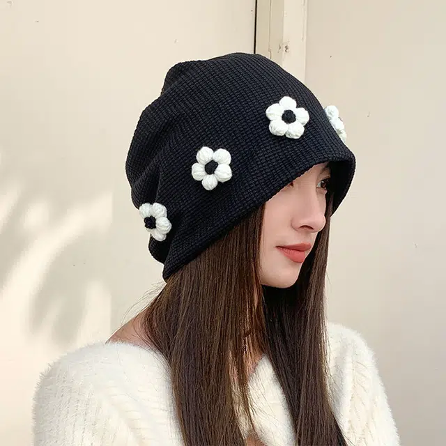 浪莎 堆堆帽秋冬季街拍毛线花朵大头围包头冷帽 棉 绒线帽 女款