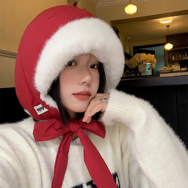 浪莎 韩系冬季百搭红色蝴蝶结雷锋帽女生显脸小保暖护耳防寒毛绒帽 涤纶 绒线帽 女款