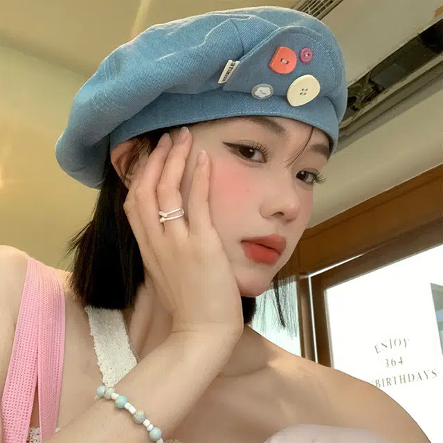 浪莎 春夏甜美纽扣牛仔生显脸小大头围画家帽 文艺八角帽 贝雷帽 女款