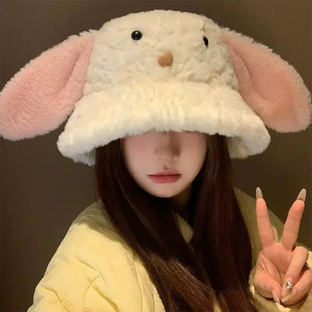 浪莎 小兔耳朵羊羔毛渔夫帽女生秋冬季通勤百搭可爱保暖毛茸茸盆帽学生渔夫帽 涤纶 渔夫帽 女款