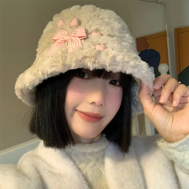 浪莎 软软糯糯百搭蝴蝶结星星毛绒渔夫帽女生可爱百搭保暖加厚显脸小盆帽 涤纶 渔夫帽 女款