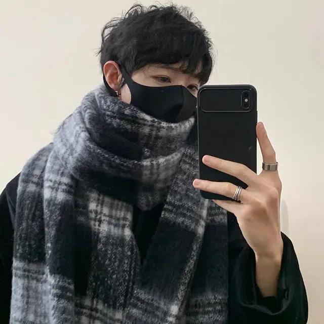 浪莎 大衣绝配黑白格纹马海毛围巾男女情侣款秋冬季保暖加厚复古披肩围脖 男女同款情侣款  礼盒装 绒线围巾 男女同款情侣款