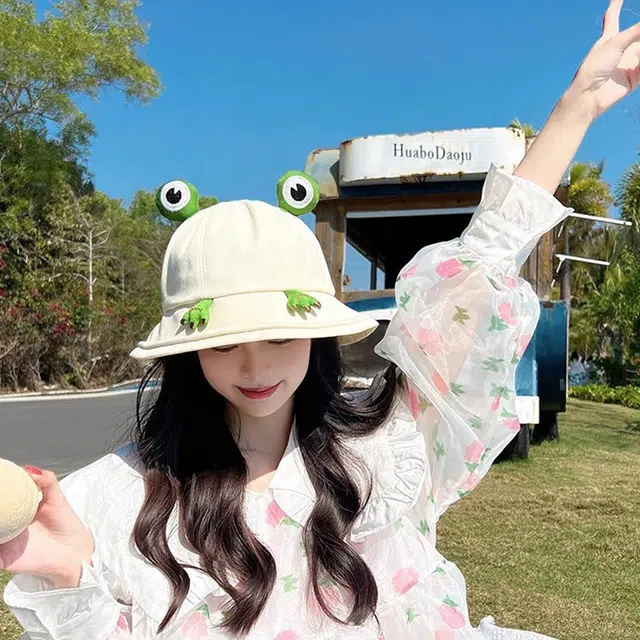 浪莎 卡通可爱搞怪小青蛙度假出游街拍百搭 棉 渔夫帽 男女同款情侣款