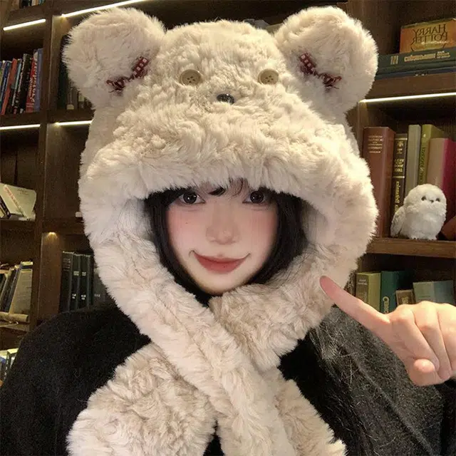 浪莎 可爱小熊帽子围巾一体秋冬季毛绒加厚保暖围脖护耳 涤纶 绒线帽 女款