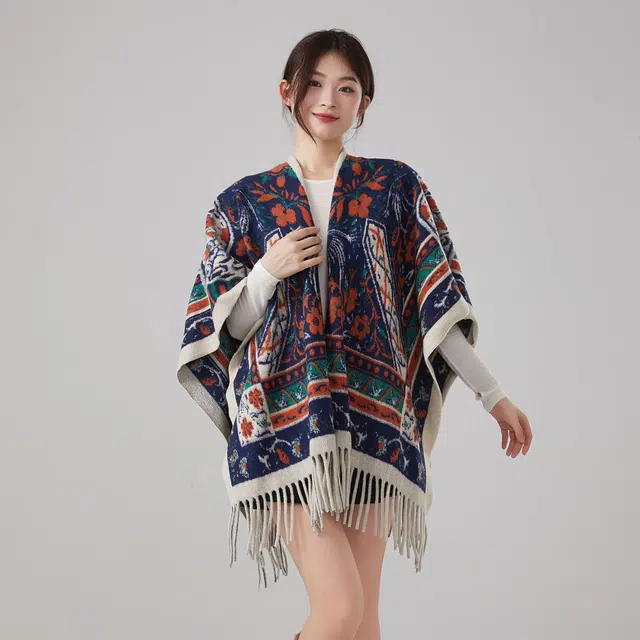 浪莎 双面繁花图腾外搭复古风高级感保暖流苏 聚酯纤维 披肩 女款