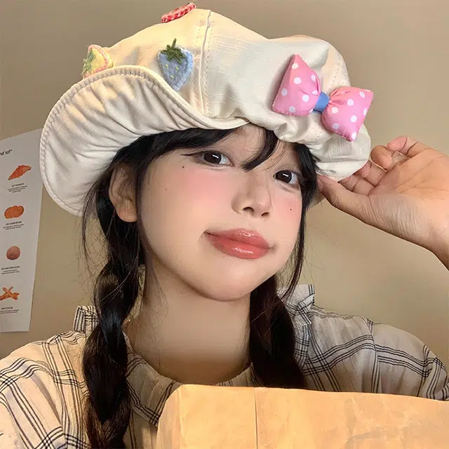 浪莎 甜妹草莓蝴蝶结大头围云朵显脸小 棉 贝雷帽 女款