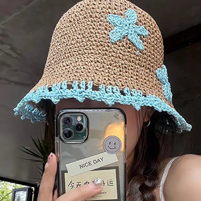 浪莎 小清新手工花朵户外骑车出行遮脸沙滩度假遮阳编织 草编 防晒帽 女款
