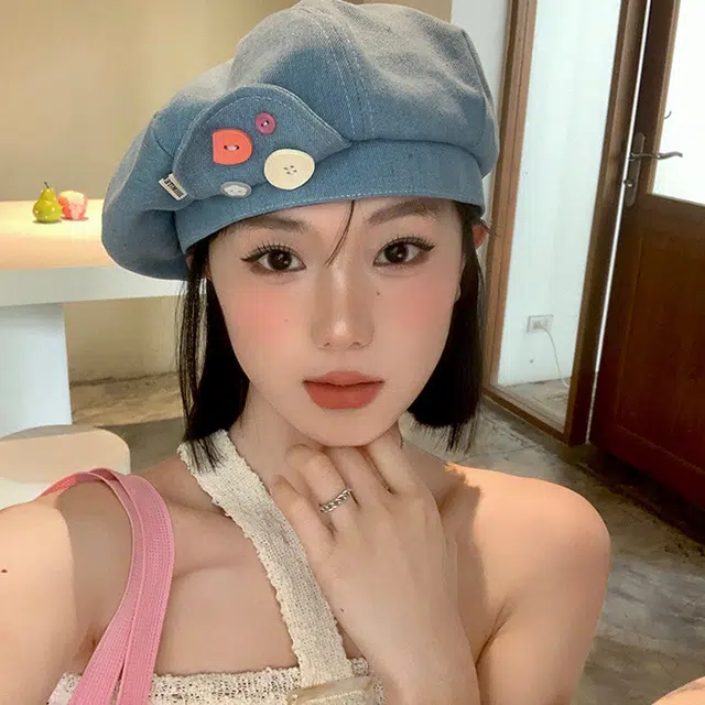 浪莎 春夏甜美纽扣牛仔生显脸小大头围画家帽 文艺八角帽 贝雷帽 女款