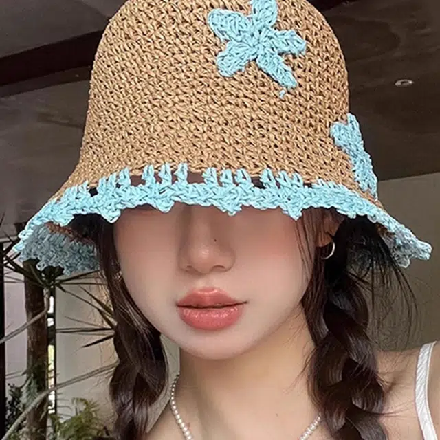 浪莎 小清新手工花朵户外骑车出行遮脸沙滩度假遮阳编织 草编 防晒帽 女款